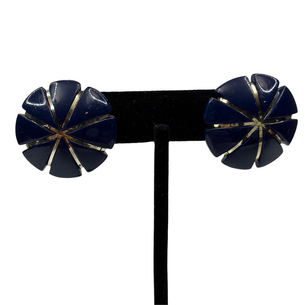 Vintage Navy Blue & Gold Tone Petal Pinwheel Enamel Clip-On Earrings Fashion 1"